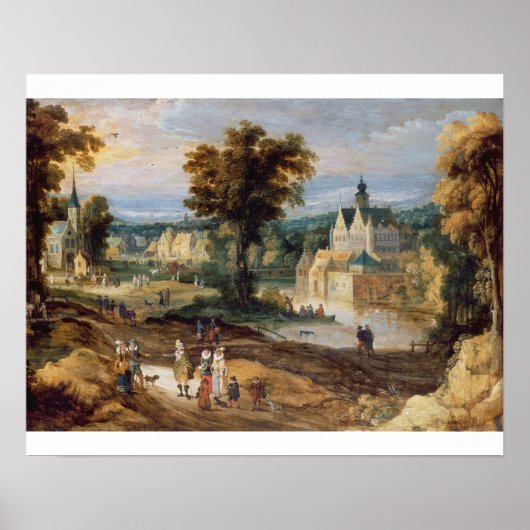 Afbeeldingen in een landschap met dorpje- en kaste poster (Voorkant)
