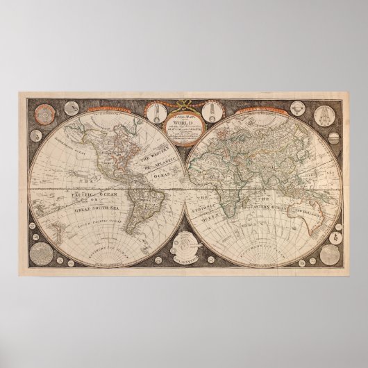 Afdruk van het oude poster World Continent Map (Voorkant)