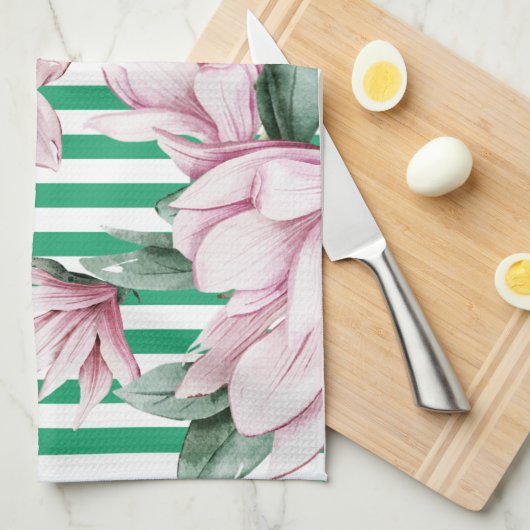 Afdruk zomer-, lente-, groene streep magnolia theedoek (Quarter Fold)