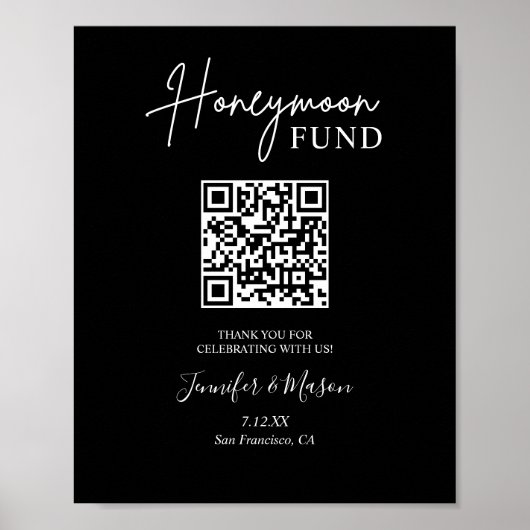 Afdrukbaar Honeymoon Fund Bord QR Code Zwart Poster (Voorkant)