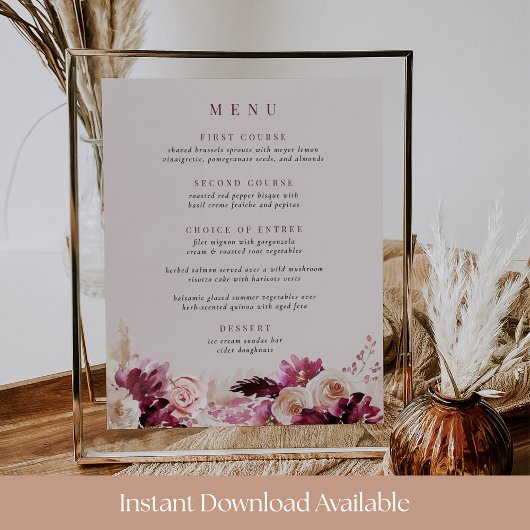 Afdrukbare Blush en Bourgogne Bloemen Menu Sign Poster