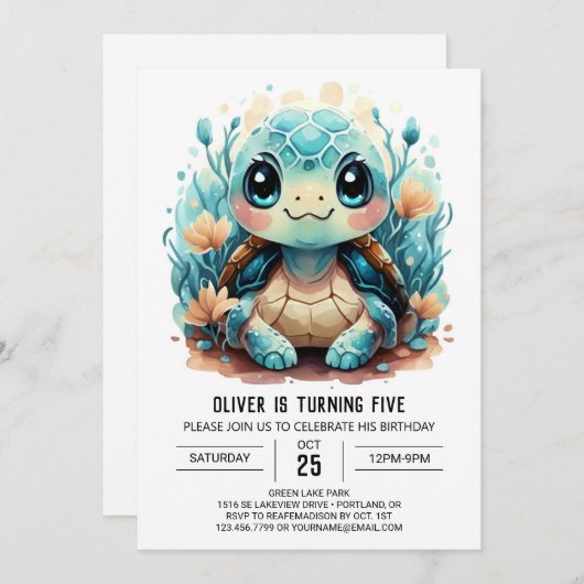 Afdrukbare Boho Happy Turtle Boy Verjaardag Kaart (Voorkant / Achterkant)