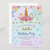 Afdrukbare eenhoorn Verjaardagsuitnodiging Sjabloo Kaart (Voorkant / Achterkant)