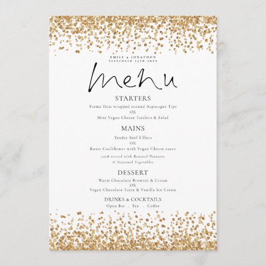 Afdrukbare gouden glitter script bruiloft menu kaart (Voorkant)