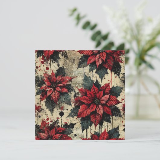 Afdrukbare Grungy Poinsettia krantenpapier Scrapbo Kaart (Staand voorkant)