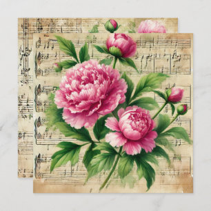 Afdrukbare  Roze en Groene Pioenen Scrapbook Kaart