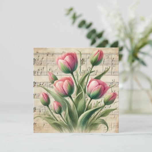 Afdrukbare Roze en Groene Tulpen Scrapbook Kaart (Staand voorkant)
