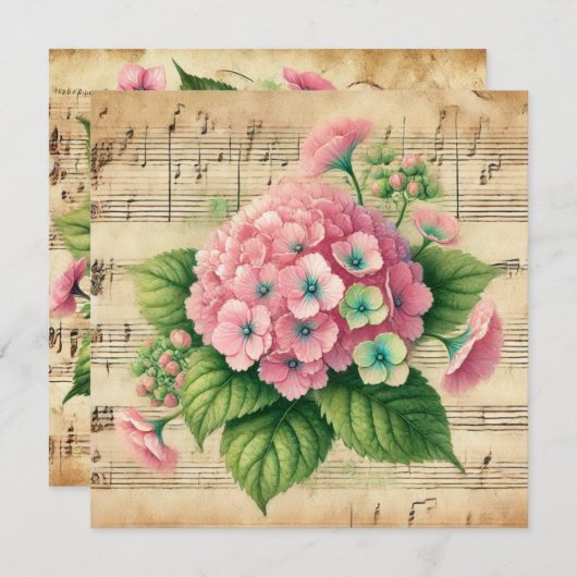 Afdrukbare  Roze & Groene Hydrangea Scrapbook Kaart (Voorkant / Achterkant)