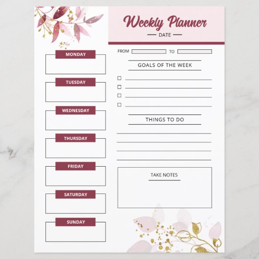 Afdrukbare weekplanner Sjabloon (Voorkant)