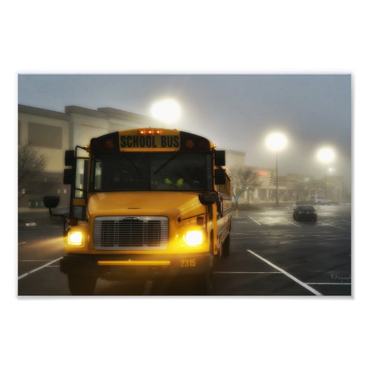 Afdrukken, schoolbus in mist foto afdruk (Voorkant)