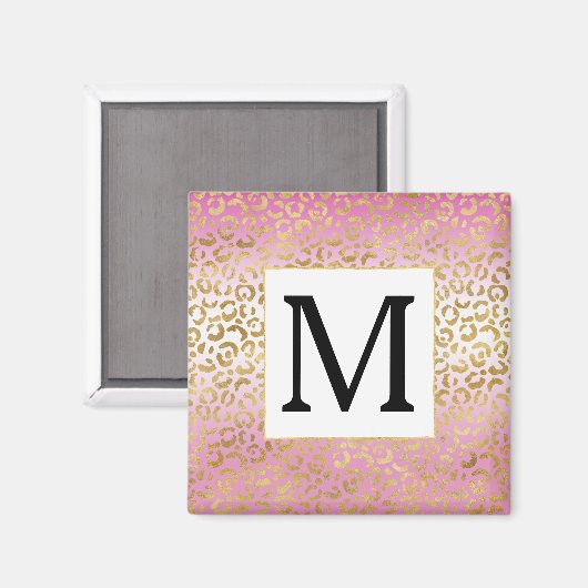 Afdrukmonogram roze Ombre Gold Leopard Magneet (Voorkant / Achterkant)