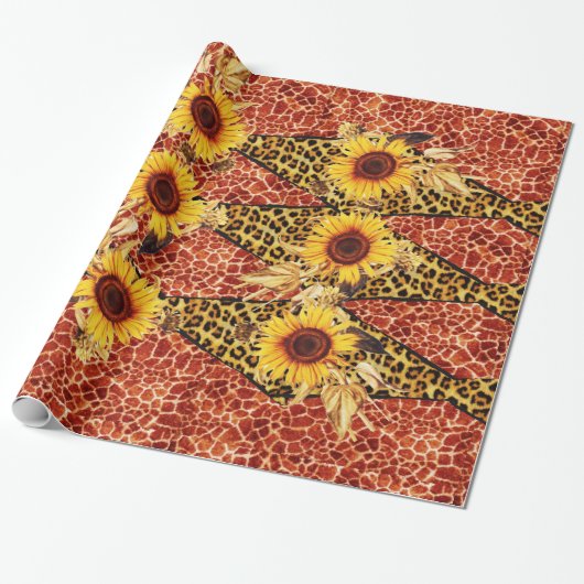 AFDRUKTE GIRAFFE, LEOPARD FUR RIBBON EN SUFLOWERS CADEAUPAPIER (Uitgerold)