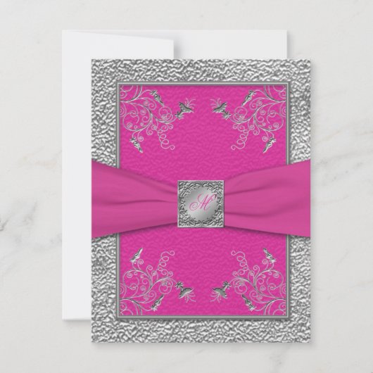 AFDRUKTE RIBBON Raspberry Pink, Pewter RSVP-kaart RSVP Kaartje (Voorkant)