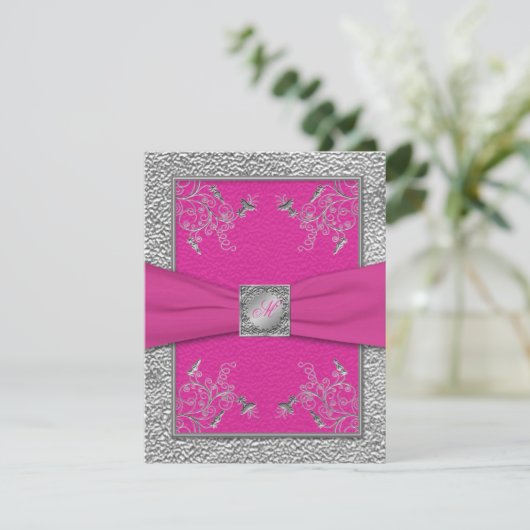 AFDRUKTE RIBBON Raspberry Pink, Pewter RSVP-kaart RSVP Kaartje (Staand voorkant)