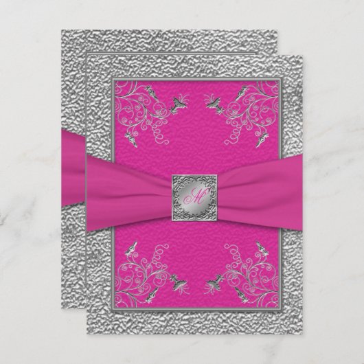 AFDRUKTE RIBBON Raspberry Pink, Pewter RSVP-kaart RSVP Kaartje (Voorkant / Achterkant)