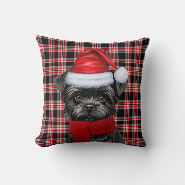 Affenpinscher Hond Red Plaid Kerstvakantie Kussen (Voorkant)