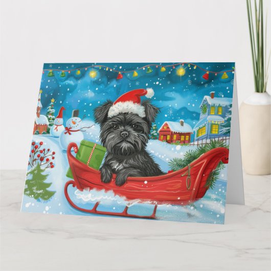 Affenpinscher in Sleigh Snow Kerstmis Kaart (Voorkant)