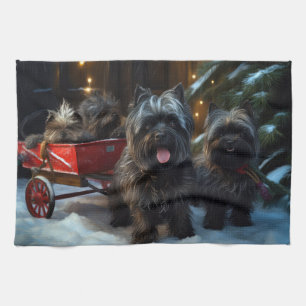 Affenpinscher Snowy Sleigh Ride Kerstdecoratie Theedoek