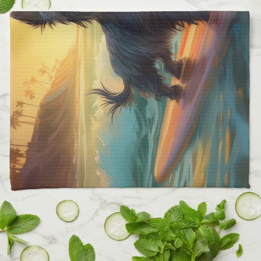 Affenpinscher Strand Surfen Schilderij Theedoek (Gevouwen)