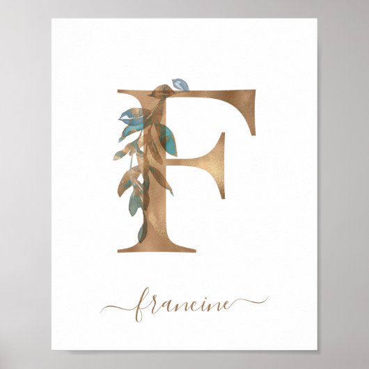 Affiche à lettre F en or floral aquarelle Monogram (Devant)