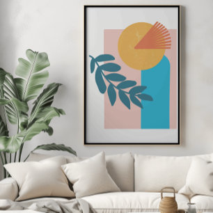 Affiche abstraite boho géométrique arc jaune bleu