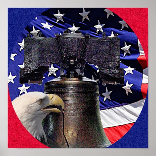 Affiche aigle américain chauve, cloche et drapeau (Devant)