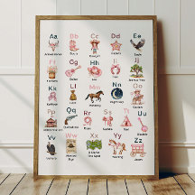 Affiche Alphabet ABC Cowgirl de l'Ouest pour la ch