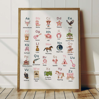 Affiche Alphabet ABC Cowgirl de l'Ouest pour la ch