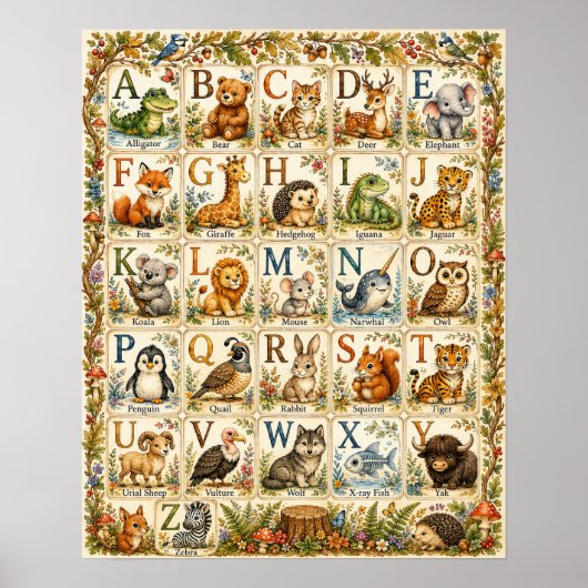 Affiche Alphabet Animaux de la Forêt | ABC Aquarel (Devant)