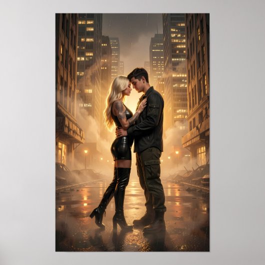 Affiche Amants sous la pluie dans une rue dorée (Devant)