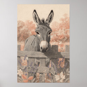 Affiche Âne Gris à la Clôture du Jardin de Lavande