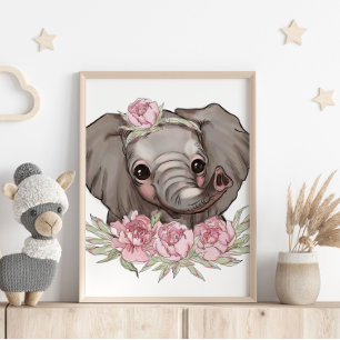 Affiche Animale Eléphant Bébé Rose Impression Mu