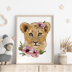 Affiche Animale Lion Rose Bébé Impression Murale