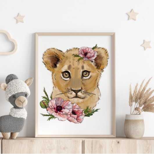 Affiche Animale Lion Rose Bébé | Impression Murale