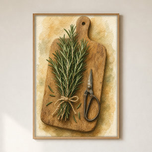 Affiche aquarelle "Bouquet de romarin et ciseaux"