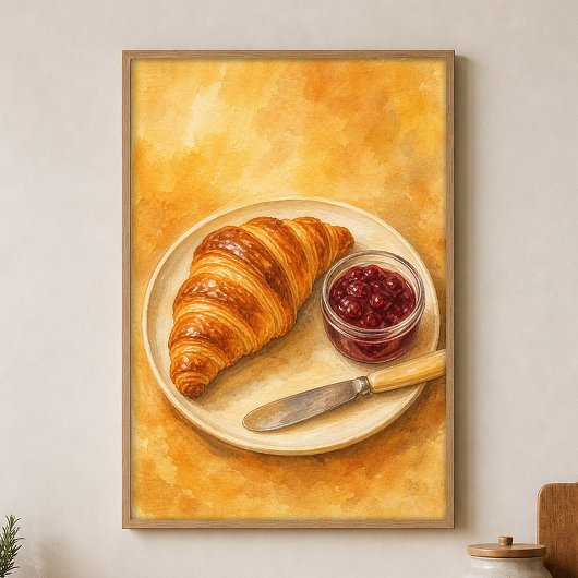 Affiche aquarelle Croissant avec Pot de Confiture