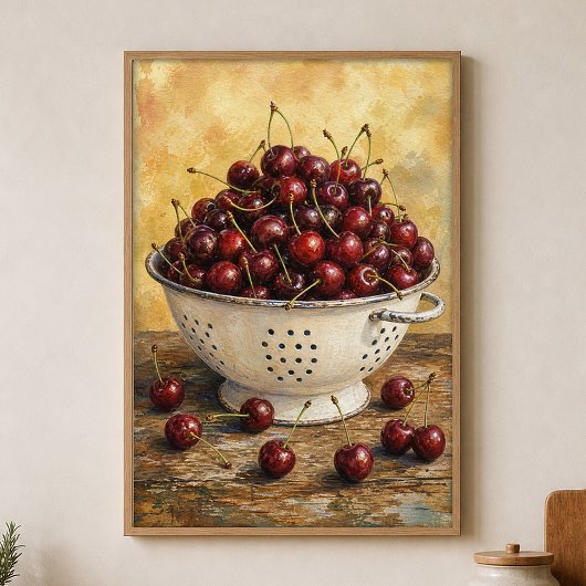 Affiche aquarelle de cerises dans un passoire