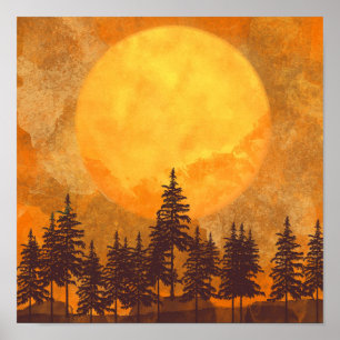 Affiche aquarelle de la forêt sous la pleine lune