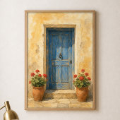 Affiche aquarelle de porte bleue avec pots de géra