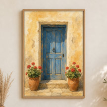 Affiche aquarelle de porte bleue avec pots de géra