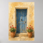Affiche aquarelle de porte bleue avec pots de géra (Devant)