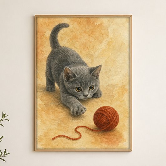 Affiche aquarelle d'un chaton frappant une pelote