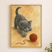 Affiche aquarelle d'un chaton frappant une pelote