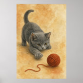 Affiche aquarelle d'un chaton frappant une pelote (Devant)