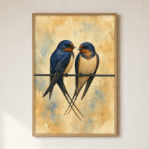 Affiche aquarelle d'un couple d'hirondelles sur un