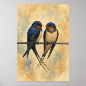 Affiche aquarelle d'un couple d'hirondelles sur un (Devant)