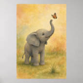 Affiche aquarelle d'un éléphant bébé avec papillon (Devant)