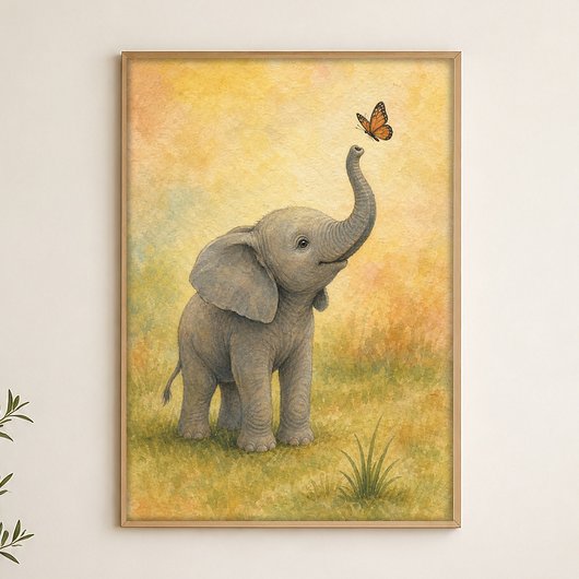 Affiche aquarelle d'un éléphant bébé avec papillon