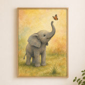 Affiche aquarelle d'un éléphant bébé avec papillon