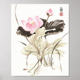 Affiche aquarelle Lotus Rose du Matin